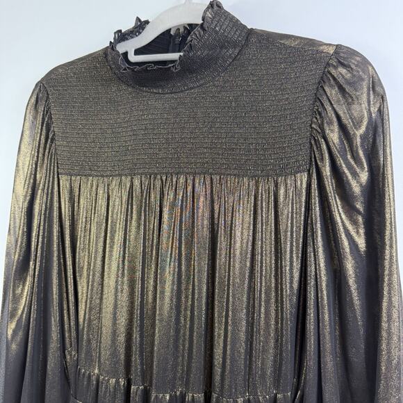Smocked Tiered Alex Marie Gold Metallic High Neck Maxi Dress Size 10 Holiday - Picture 6 of 16